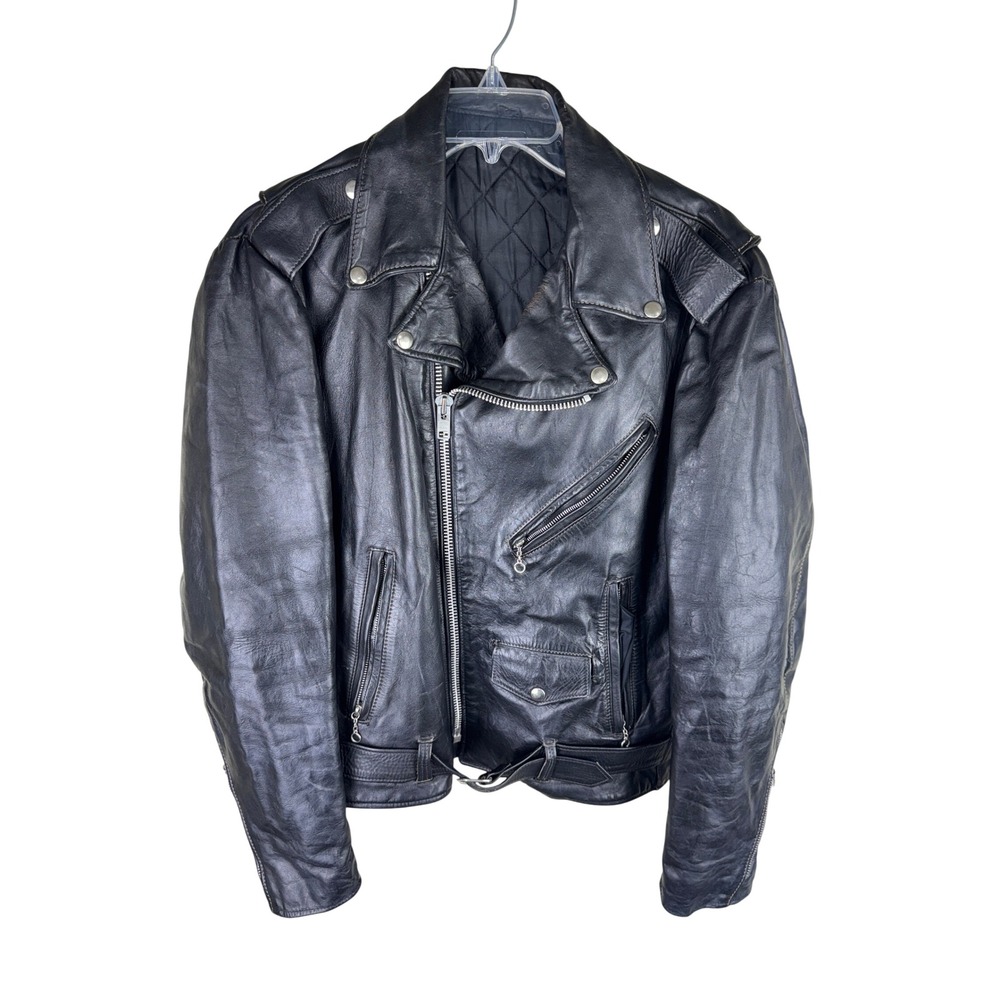 Vintage Black Leather Biker Jacket Mens Asymmetric Zip Quilted Lining Moto Coat